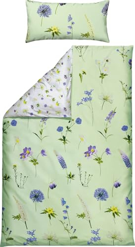 REDBEST Renforcé Wende-Bettwäsche Blumen, Wiesenblumen Jade-weiß Größe 40x80 cm / 135x200 cm - temperaturausgleichend, strapazierfähig, mit Reißverschluss