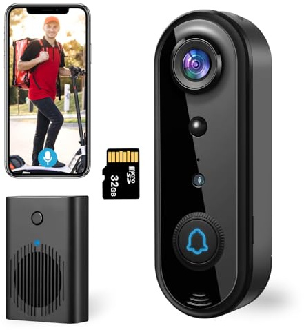 2K Video Doorbell Camera Wireless, Ultra-Wide Angle Lens for Full-Body View, AI Motion Detection, 2-Way Talk, Night Vision, Micro SD and Cloud Storage/Battery Powered, 2.4G Wi-Fi