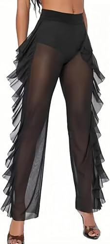 ROSVAJFY Pantalon de plage transparent pour femme - Pantalon à volants en maille transparente - Design droit avec taille haute - Pantalon en maille filet - Pour femme - Tenue de plage pour les fêtes