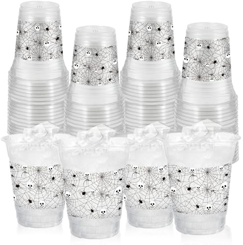 50 Pcs 12OZ Halloween Party Cups,Halloween Plastic Cups Party Decorations Clear Spider Web Skull Spider Printing Cups Juice Soda Beverage Birthdays Favors Supplies For Themed Birthdays Supplies