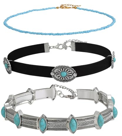 Flongo Schwarze Choker Halskette für Damen: 3 Stück Western Türkis Schmuck - Boho Gothic Kette - Indianer Style Halsband - Samt Perlen Metall Kombination - Modeschmuck für Festival Accessoires