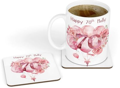 70th Birthday Gift - Personalised White Ceramic Mug & Coaster Gift Set - Pink Balloons Birthday Age 70 Design (70th Birthday)