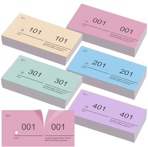 Nezyo 1-500 Nummernblöcke, 5 Farben, 5 x 10 cm, Einfacher Farbe | Doppelnummern Blöck Zahlen, Nummerierte Abrisse, Für Garderobenmarken, Events, Partys, Messen, Lotterien, Leckereien
