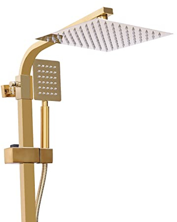Höhenverstellbares Duschset Gold mit 20cm Regendusche & Handbrause - Thermostat Duschsystem aus Messing - Komplettes Badezimmer-Armaturen Set