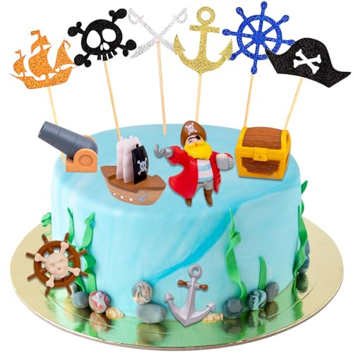 Piraten Geburtstag Tortendeko, Glitzer Piraten Kuchen Deckel, Schatztruhe Kuchen Dekoration, Dekoration Piraten Geburtstags Party, für Kindergeburtstagsparty Piraten Thema Party Dekoration