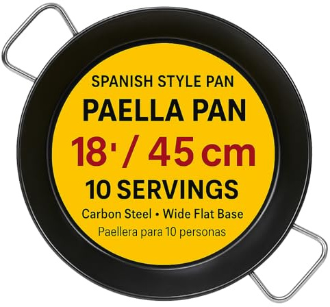 FAQQI Paellera Para 10 Personas, 18 in / 45 cm Carbon Steel Pan | Spanish-Style Paella Pan For 8-10 Servings, Family Dinners And Small Parties, Stovetop, Oven And Grill Use