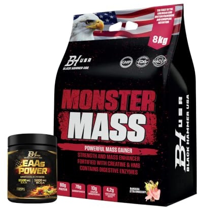 MONSTER Mass Gainer 4KG / 8KG – High Calorie Weight Gainer Protein Powder for Muscle & Mass Gain – Protein Carb Shake – Bulking Formula – FREE EAAs – Black Hammer USA (8000g, Banane Erdbeere)