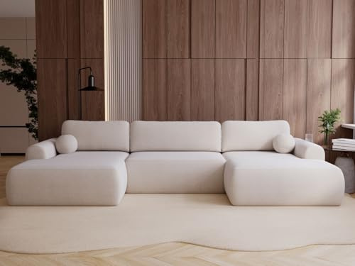 GRAINGOLD Savana U Ecksofa mit Schlaffunktion, 344x177 cm, U-Form Sofa, Schlafcouch für Wohnzimmer, Bouclé-Stoff, 5-Sitzer Wohnlandschaft, Ecksofa mit Bettkasten (Creme)
