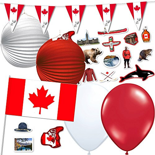 81-teiliges Dekoset * Kanada * für eine Länder-Party // mit Wimpelkette + Flaggen + Lampions + Luftballons + Konfetti // Deko Dekoration Set Mottoparty