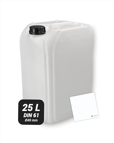 Trevendo Wasserkanister 25 Liter (DIN 61, Ø49 mm) - eingeprägte Literskala - Lebensmittelecht - BPA-frei - Ideal für Camping, Reisen und mehr - inkl Beschriftungsetikett