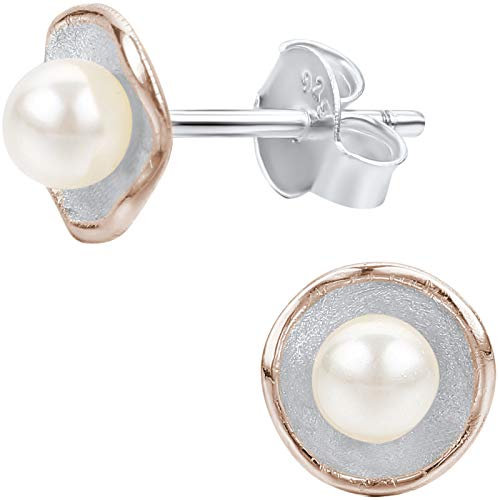 EYS JEWELRY Damen-Ohrstecker Blume 925 Sterling Silber rhodiniert rosé-vergoldet Glas-Perle weiß 8 mm Damen-Ohrringe im Schmuck-Etui