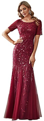 Ever-Pretty Women's Short Sleeves Mermaid Sequin Tulle Bridesmaid Dresses Long Burgundy 16UK