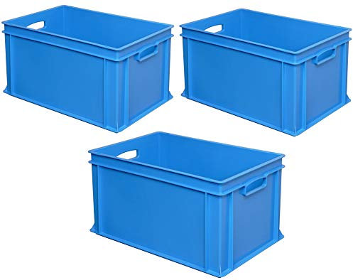 3x Eurobehälter mit 2 Durchfassgriffen, LxBxH 600x400x320 mm, 63 Liter, blau