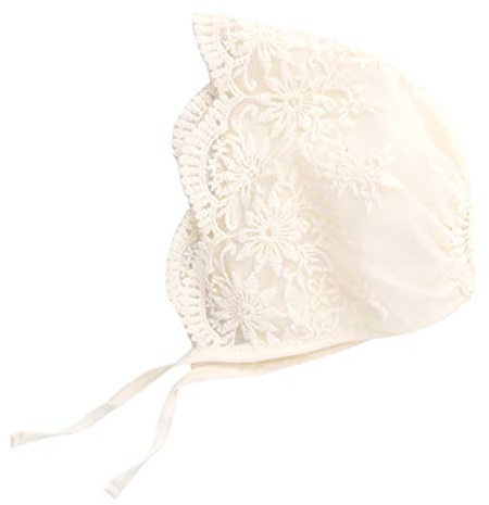 Amosfun Baby Mädchen Mütze mit Ösen, Spitze, Baumwolle, Taufmütze, Kleinkindmütze, winddicht, Seil, Sommer, Sonnenschutz, Beige