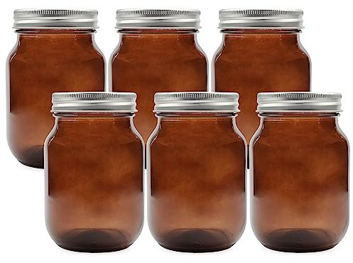 Cornucopia Brands Amber Glass Mason Jars (6-Pack, Pint Size); 16oz Colored Glass Canning and Apothecary Jars