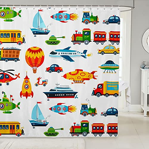Loussiesd Kids Cartoon Cars Shower Curtain Baby Bright Cute Aircraft Bath Curtain Colorful Toy Transport Vehicles Cloth Fabric Bathroom Child Travel Waterproof Shower Curtain with Hooks 59x71 Inch