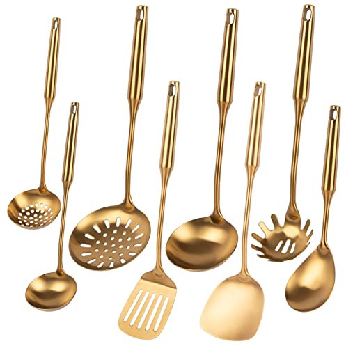 Standcn - Cucharas y utensilios de cocina de acero inoxidable dorado, 8 piezas de utensilios de cocina/herramientas de cocina – Cuchara/colador de olla caliente, espátula, cucharón de sopa, skimmer