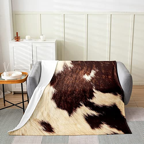 Homewish Kuhfell Überwurfdecke Braun Beige Kuhdruck Fleecedecke für Kinder Jungen Mädchen Westliche Farmtierpelz Flanelldecke Rustikale Cowboy Cowgirl Kuhhaut Fuzzy Decke Ganzjährig Weich,100 x 130