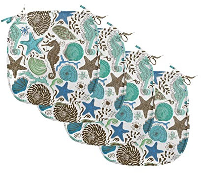 ABAKUHAUS Sea Shells Polster für Esszimmerstühle, Abstrakt Maritime, Dekoratives wasserfestes Kissen mit Riemen für Küchensitze, 40 cm x 40 cm-4er Pack, Seafoam Braun Blau
