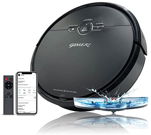 GIMERI Robot Aspirapolvere e Lavapavimenti Batteria 4400 mAh WI-Fi Compatibile Alexa Google, Misure 320x78 mm Ricarica Automatica, Anticaduta, Lava Asciuga Aspira Pavimenti Aspirazione 2000 Pa