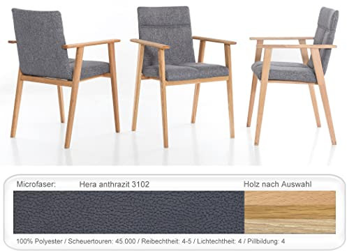 6X eleganter Armlehnstuhl Aranel mit Schwingrücken Esszimmerstuhl Massivholzstuhl Küchenstuhl Sessel Verschiedene Varianten, Holzart:Eiche Natur geölt, Bezugstoff:Hera anthrazit