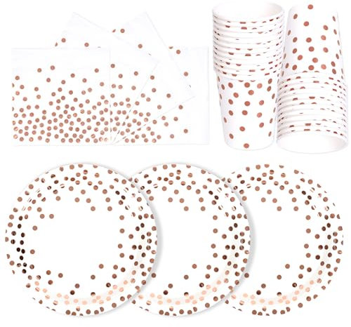 PYAILI 72PCS White Rose Gold Party Tableware Set, Paper Plates Cups and Napkins, Party Supplies for Birthday, Wedding, Picnic, Table Decorations (24 Guests)