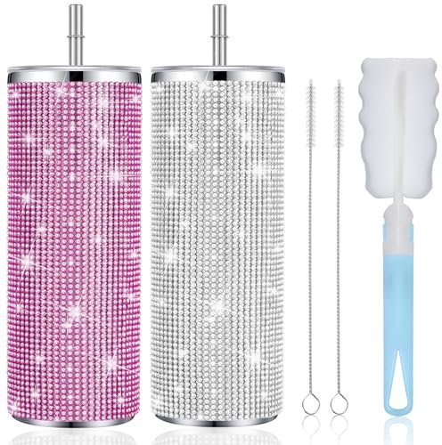 Tessco Bling Tumbler, 590 ml, Strasssteinbecher, Weihnachtsgeschenk, Glitzer-Diamant-Flasche mit Deckel und Strohhalm, Edelstahl, glitzernd, Thermo-Wasserflasche für Damen, Silber, Rosa, 2 Stück