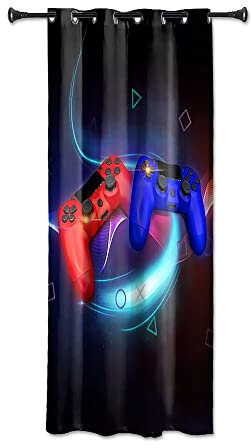 YONGFOTO 132x214cm Vorhänge für Spielzimmer Rot und Blau Gamepad Abstrakt Symbol Fantasiewelt Verdunkelungsvorhang für Kinderzimmer, 1 Stoffbahn mit Ösen