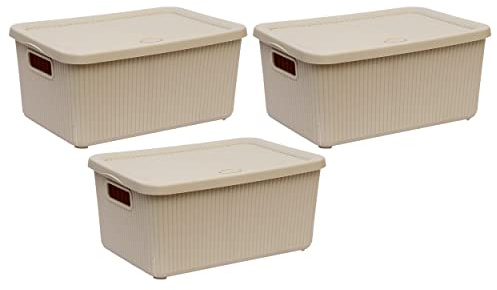 M1SS Set of 3-14L Litre Large Plastic Knitted Storage Basket with Lid, Storage Box Stackable Organiser Lidded Bin Box Large Rib Box for Nursery, Kids, Closet, and Many More (Beige)