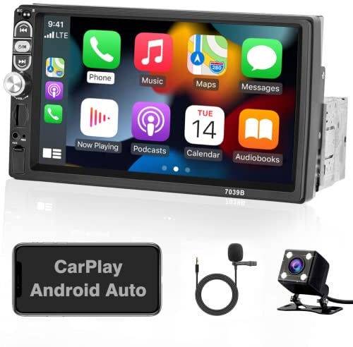 7 Inch Single Din Car Stereo Radio Apple CarPlay: Android Auto 1 Din Touchscreen Bluetooth Car Play Radio with | Backup Camera | AUX USB TF SD Slot | SWC EQ Backlight Remote Control
