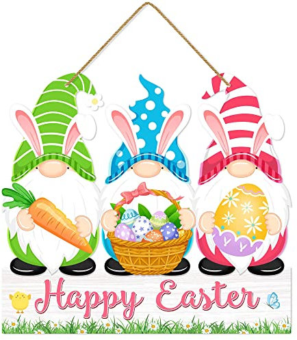 Frohe Ostern Zwerg Türschild mit bunten Eiern, Willkommens-Türschild für Zuhause, Wand, Hof, Innen- und Außenbereich, Gartenfenster, Hasenzwerge, Frühlingsdekorationen, Holzaufhänger für