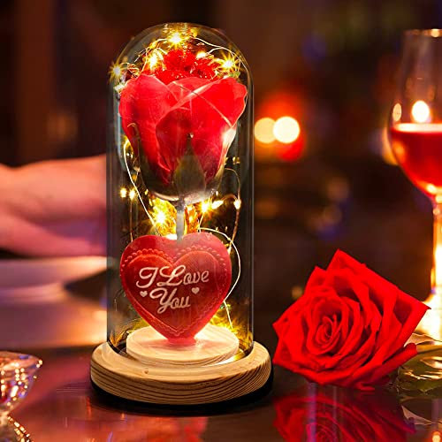 Gesar Rosa Eterna - Regalo San Valentino - Rosa incantata di Vetro - Regalo Festa della mamma - Rosa rossa in teca di vetro - Rosa eterna la bella e la bestia
