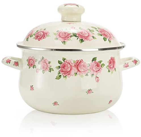 SOUJOY Enamel Stockpot with Lid, 2.8 Quart Retro Cooking Pot, Vintage Floral Stew Bean Simmer Pot with Handle, Kitchen Soup Pot, Safe for Induction Cookers, Gas Stove