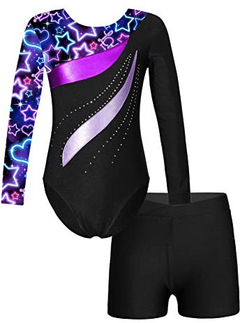 CHICTRY Kids Girls Long Sleeve Gymnastics Leotard Workout Bodysuit with Shorts 2 Pieces Set Tracksuit Tumbling Dance Outfits Starry Black 9-10 Years
