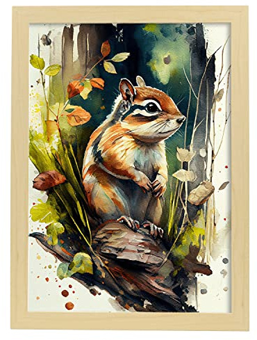 Nacnic Streifenhörnchen im Aquarell Stil. Vollfarbige Illustrationen von wilden Tieren in der Natur. Innenarchitektur und Dekoration. A3 Holzrahmen.