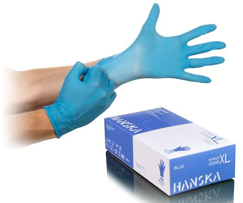 HANSKA Gants jetables Nitrile Bleu - Sans poussière - Jetables - Ambidextres - Non stériles - Base en caoutchouc - Convient pour les milieux médicaux, la manipulation des aliments (100, XL)