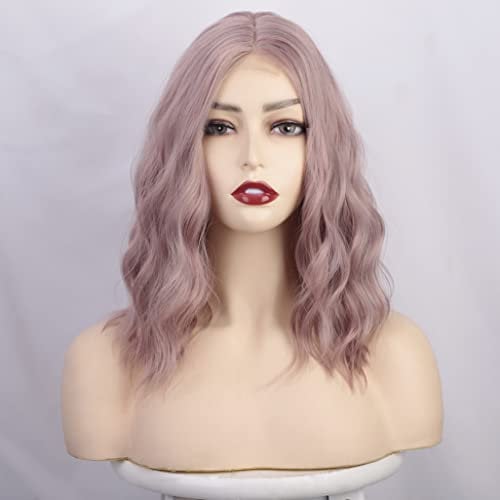Luovce Synthetic Wigs For Women Shoulder Length Short Wavy 14 inches Lilac Color