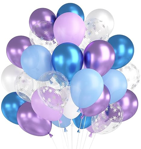 Luftballons Blau Lila Weiß, 60 Stück Luftballons Blau Lila Geburtstag, Latexballons Lila Blau Metallic Ballons, Schneeflocken Konfetti Luftballons für Frozen Geburtstag Party Deko Mädchen