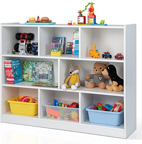 GYMAX 8 Cube Kids Bookcase, 3-Tier Children Storage Shelf Unit, Wooden Toddler Bookshelf Toy Storage Organizer for Kids Room, Playroom and Nursery (White)