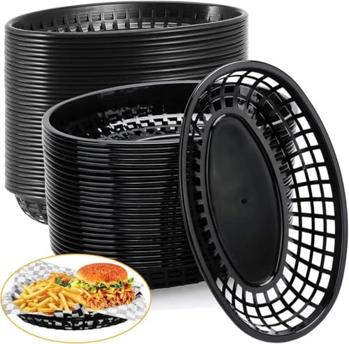 Portable Movie Night Snack Serving Tray - Oval Plastic Basket - Reusable Fast Food & Party Food Accessories (Black) for Chips, Popcorn, Burger, Picnic, Restaurant & Bar