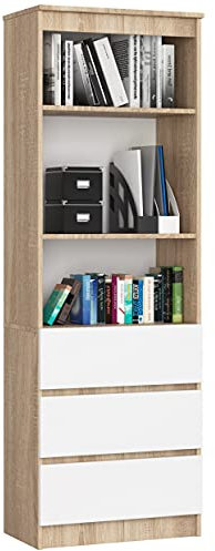 AKORD Bücherregal CLP 60 cm | 3 Schubladen 3 Einlegeböden stehend | für Schrank Wohnzimmer Schlafzimmer Bücherregale | Minimalistisch | Laminierte Platte 16 mm | Sonoma-Eiche + Weiß Front