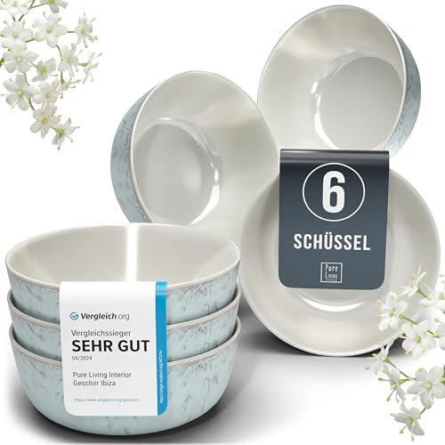 Ensemble 6 Bols Céréales Grès Ibiza - Muesli, Lave-vaisselle, Micro-ondes - Petits Bols Assiettes Creuses, Pure Living beige-bleu, Service de Table Élégant