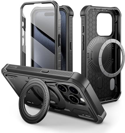 Dexnor Kompatibel mit iPhone 15 Pro Hülle[Eingebauter Displayschutz und Kickstand], Heavy Duty Military Grade Schutz Stoßfeste Schutzhülle Kompatibel mit iPhone 15 Pro - Schwarz