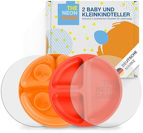 THE NEON GANG® nachhaltige Babyteller mit Deckel (2 Sets) - Kleinkindteller mit Saugnäpfen - 100% BPA freies Silikon - LFGB zertifiziert - extrastarker Halt - orange