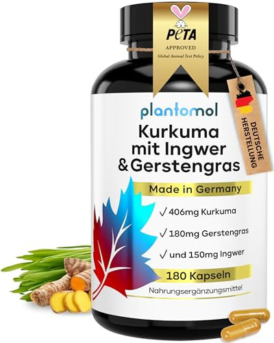 180 Kurkuma Ingwer Kapseln hochdosiert mit Gerstengras & Piperin - Kurkuma Kapseln hochdosiert mit Curcuma Extrakt & Curcumin - 6 Monatsvorrat
