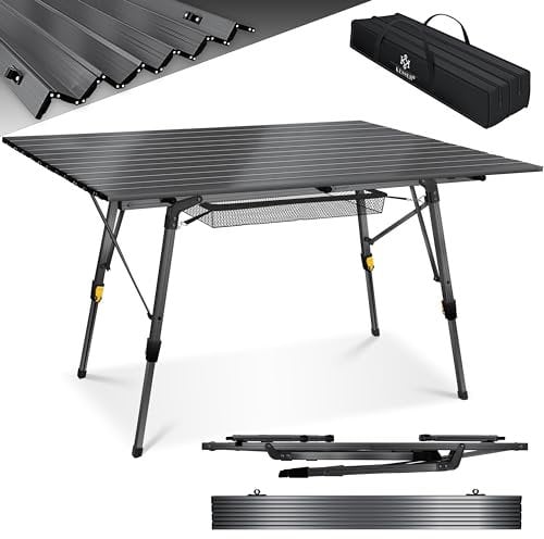 KESSER® Table de camping pliable avec cadre en aluminium - Plateau de table enroulable - Hauteur réglable - Avec sac de transport avec dragonne - 120 x 70 cm - Jusqu'à 30 kg - Anthracite