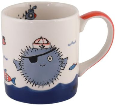 440s Mila Keramik-Becher Moin Moin spulmaschinengeeignete Tasse ca. 250 ml mit Kugelfisch U-Boot und Meereswellen für die Tee-Pause & Kaffee-Genuss-Zeit als Geschenk und fürs eigene Glück & Vergnügen