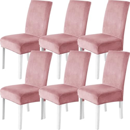 CYCMACO Housse De Chaise Velours 6 Pièces, Universel Housse De Chaise Salle À Manger Extensible, Protection Chair Cover Epaisse pour Hotel, Restaurant, Banquet, Cuisine, Rose