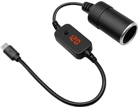 Hoembpn USB C Male to 12V Car Cigarette Lighter Socket Type-C to Cigarette Lighter Adapter Cable Converter with Voltmeter Display, Adjustable Voltage 5V/9V/12V, Suitable for Car Charger, GPS, Dash Cam