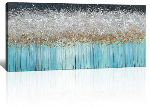 FajerminArt Cadre en Bois Grande Impression sur Toile Arbres abstraits bleu argenté Image sur Toile Peintures sur Toile Moderne Mural Tableau Decoration Murale Salon Chambre prêt à accrocher 50x120cm